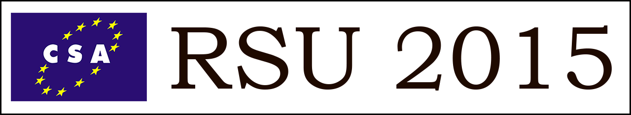Logo grosso e allungato, in bianco e nero, del CSA messo a sovrastare un altro logo a colori del CSA e la scritta in stampatello nera 'RSU 2015'