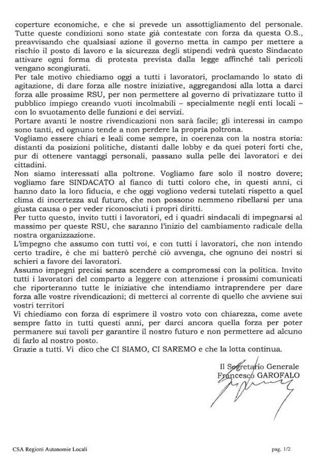 Pagina 2 della comunicazione del Segretario Garofalo