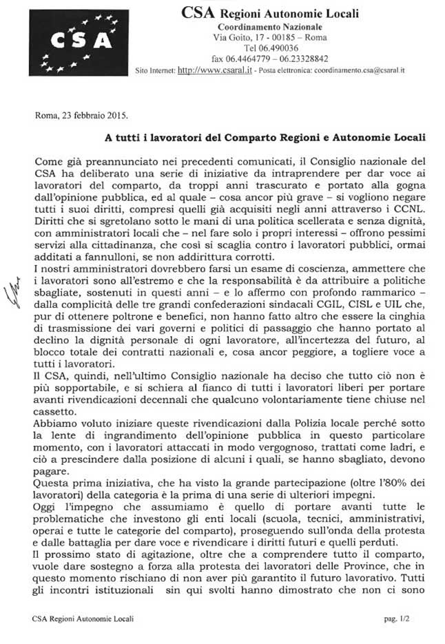 Pagina 1 della comunicazione del Segretario Garofalo